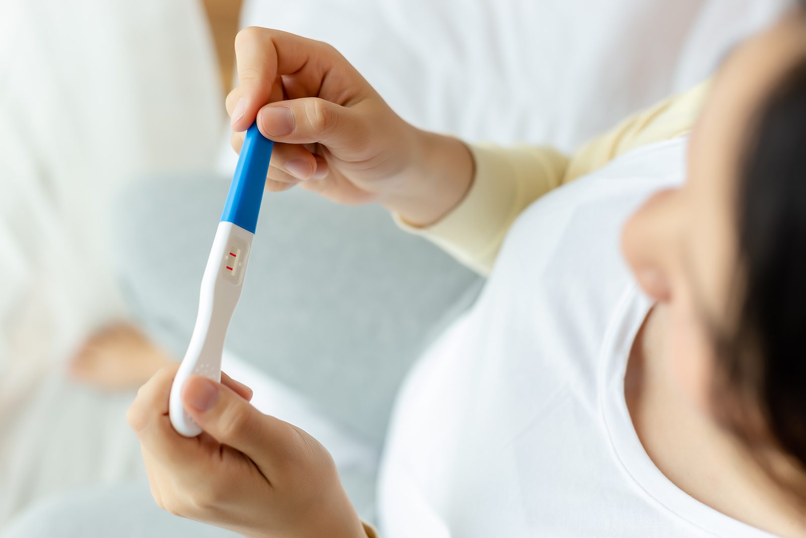 Happy Pregnant Woman Holding Pregnancy Test, Examine Positive Te