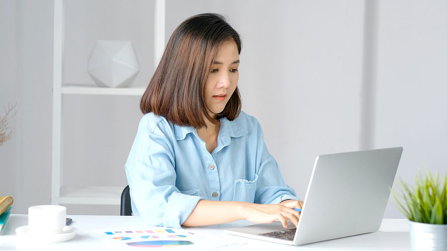 Work From Home, Asian Woman Working With Laptop Computer At Home
